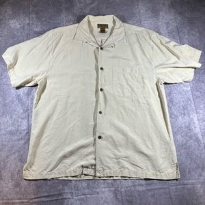 Gold Tri Mountain Large Beige Button Up Short Sleeve Silk